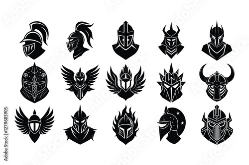 Set of black medieval knight helmet silhouettes with different designs and fantasy elements isolated on white background