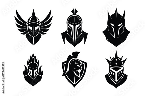 Set of black warrior helmet icons with medieval and fantasy style design isolated on white background