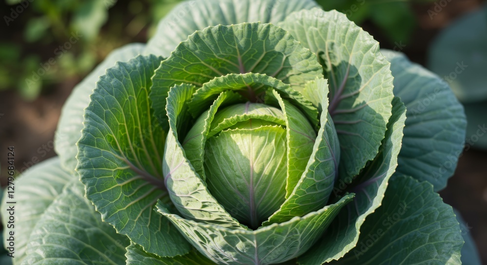 Obraz premium Close-up on a Vibrant Cabbage Head Growing Freshly in the Garden Soil