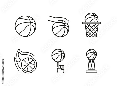 Basketball icons. Set of 6 basketball trendy minimal icons. Example: Basketball, Dunk, Hoop, Jersey, ball icon. Design signs for web page, mobile app, packaging design. Vector illustration.