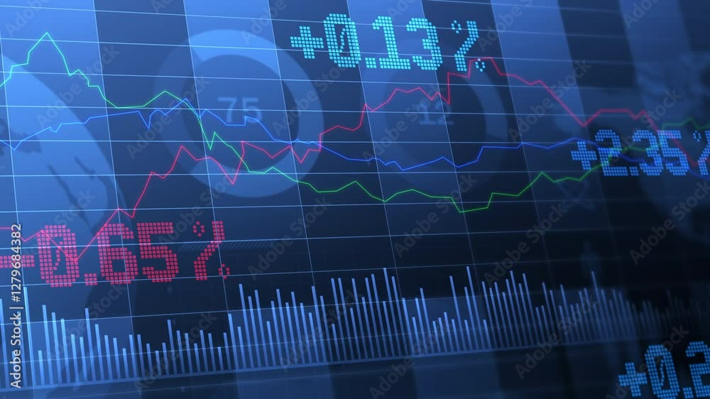 Trading background. News screen of numbers and sales charts. Cryptocurrency dark background. Finance exchange, cryptocurrency blue background. Looping graphics 4K 60 fps.