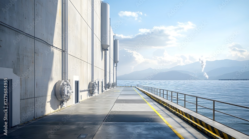 Fototapeta premium Large scale desalination plant located in a coastal industrial setting converting seawater into fresh purified water through advanced and processing technologies