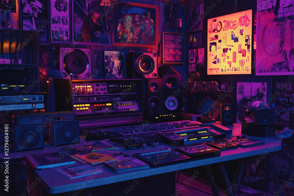 A grunge inspired 90s music studio, with cassette tapes scattered across an old mixing desk, vinyl records, and neon colored posters on the walls. A grunge inspired 90s music studio, with cassette tapes scattered across an old mixing desk, vinyl records, and neon colored posters on the walls.