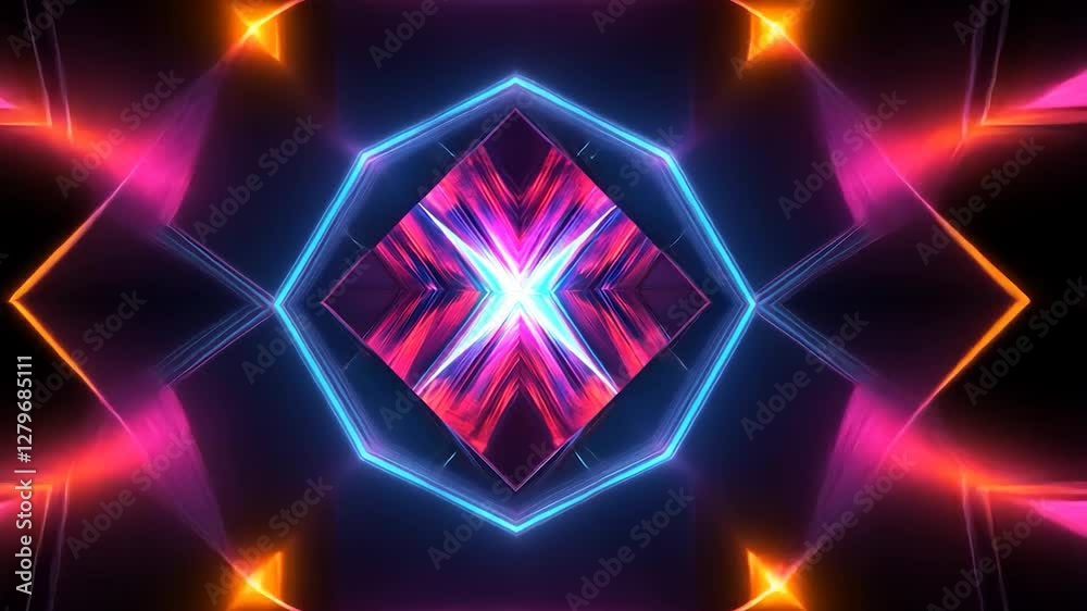Abstract vibrant neon light rays crossing in geometric shapes, creating a symmetrical, colorful pattern.