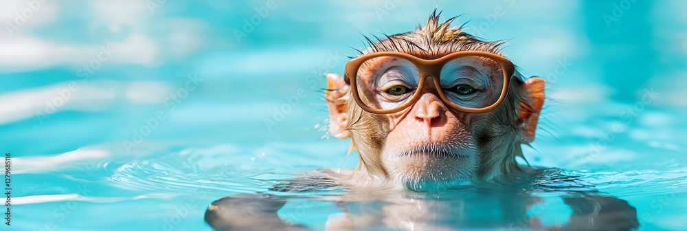 Naklejka premium A monkey wearing goggles is swimming in a pool