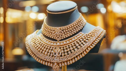 Exquisite K gold necklace set featuring uncut diamonds and intricate cutwork, displayed elegantly on a jewelry stand photo