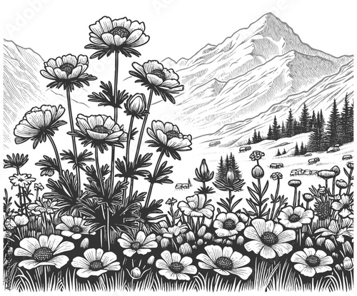 alpine valley with blooming wildflowers in the foreground and towering mountains in the background sketch engraving generative ai vector illustration. Scratch board imitation. Black and white image.