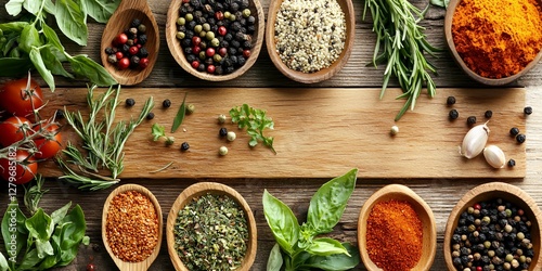 A wooden table with many bowls of spices and herbs