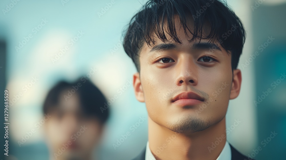 A man with a beard and short hair is wearing a suit and tie A man with a beard and short hair is wearing a suit and tie