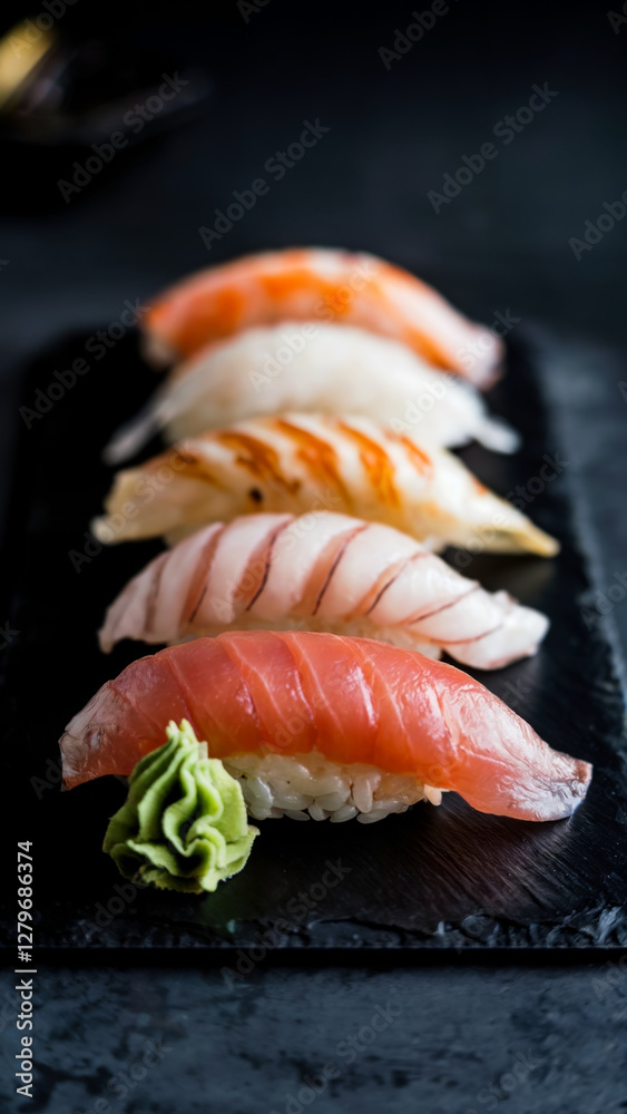 Delicious sushi with fresh fish served on slate on a black background, macro Delicious sushi with fresh fish served on slate on a black background, macro