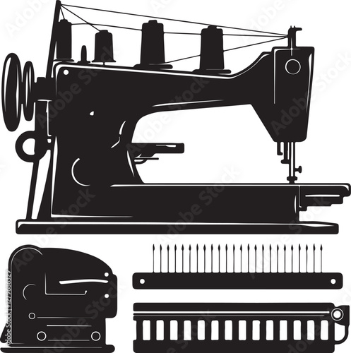 Sewing Machine Silhouette Vector. Black Clipart of Sewing Tools