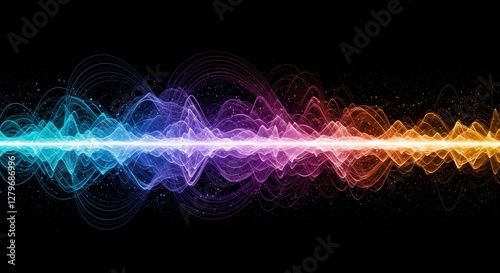 Dynamic Waves of Color: Abstract digital artwork capturing the essence of sound, energy, and data flow, illustrated through a vibrant spectrum of colorful, undulating waves against a dark backdrop.