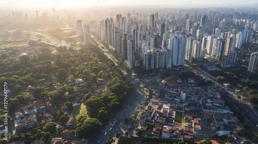 Fototapeta premium Aerial view of a city with residential and commercial areas, park, and roads. Possible use Stock photo for city planning, urban development, or travel guides