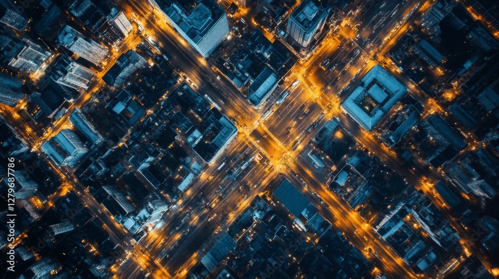 Aerial view of city crossroads at night. Illuminated city streets intersection. Possible use for cityscape, urban planning, or travel Aerial view of city crossroads at night. Illuminated city streets intersection. Possible use for cityscape, urban planning, or travel