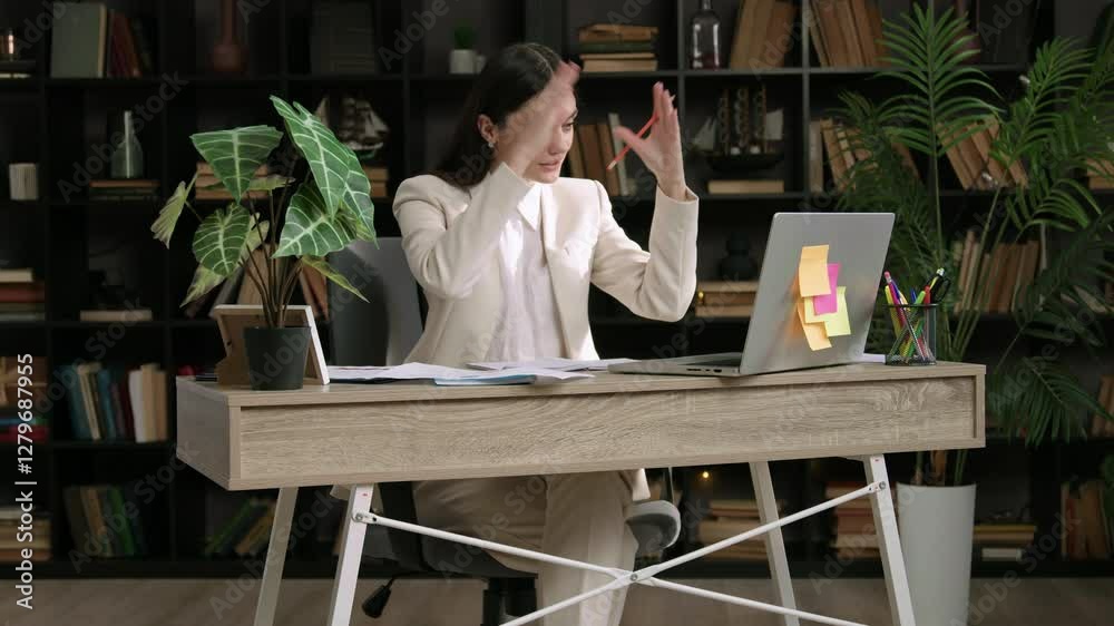 Woman sitting in front of a computer at an office table, participating in an online development meeting. Businesswoman discussing and explaining company development strategies