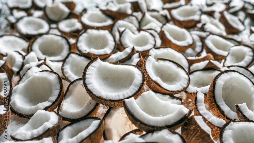 Round coconut slices with white flesh and brown shells are scattered chaotically, fully covering the background, top view Round coconut slices with white flesh and brown shells are scattered chaotically, fully covering the background, top view