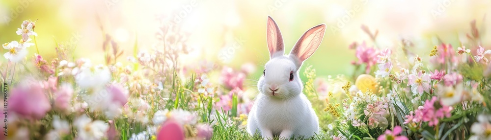 Easter bunny surrounded by spring flowers garden festive scene cheerful Easter bunny surrounded by spring flowers garden festive scene cheerful