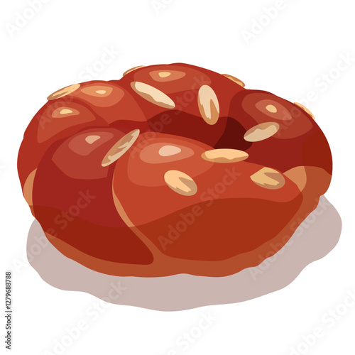 Authentic handmade Greek Tsoureki (sweet braided bread) with mastic of Chios and filleted almonds. Traditional Easter cuisine. Vector illustration on white background.