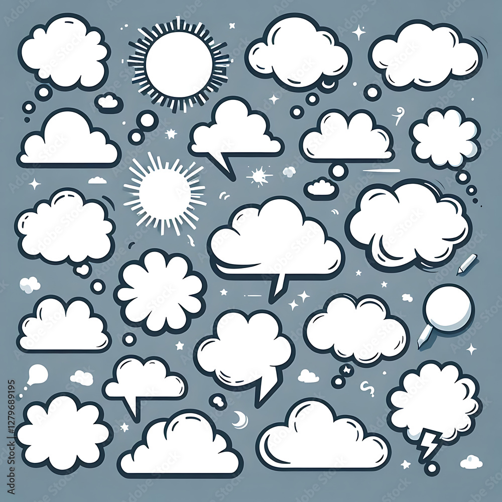 A collection of blank thought bubbles in different cloud shapes, ideal for adding custom thoughts or messages. Perfect for creative projects and communication designs.
A collection of blank thought bubbles in different cloud shapes, ideal for adding custom thoughts or messages. Perfect for creative projects and communication designs.