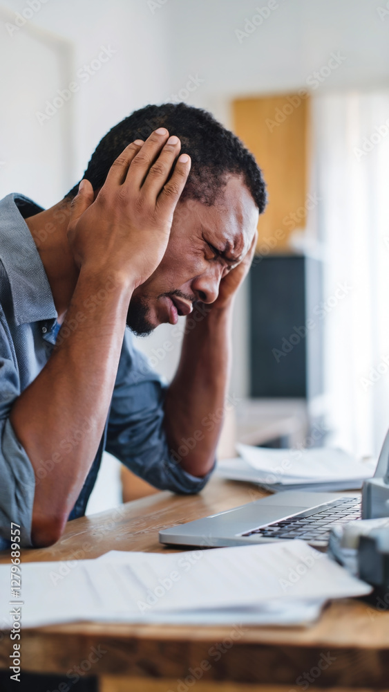Man rubbing his temple in pain, sitting at a wooden desk in a home office Man rubbing his temple in pain, sitting at a wooden desk in a home office