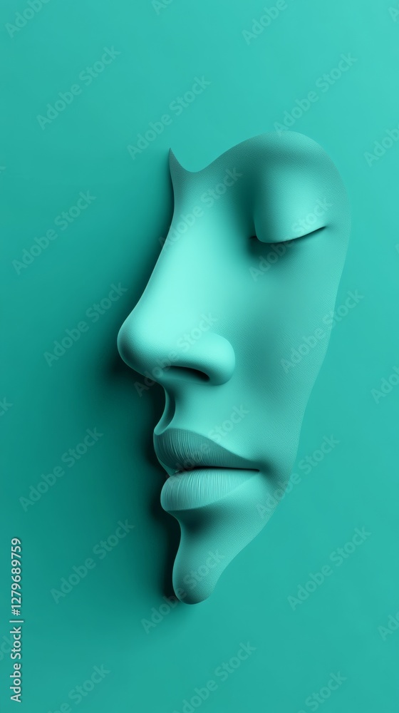 Turquoise face emerging from the wall, breathing calmly with closed eyes, embodying concepts of beauty, surgery, and wellness while evoking feelings of serenity and tranquility