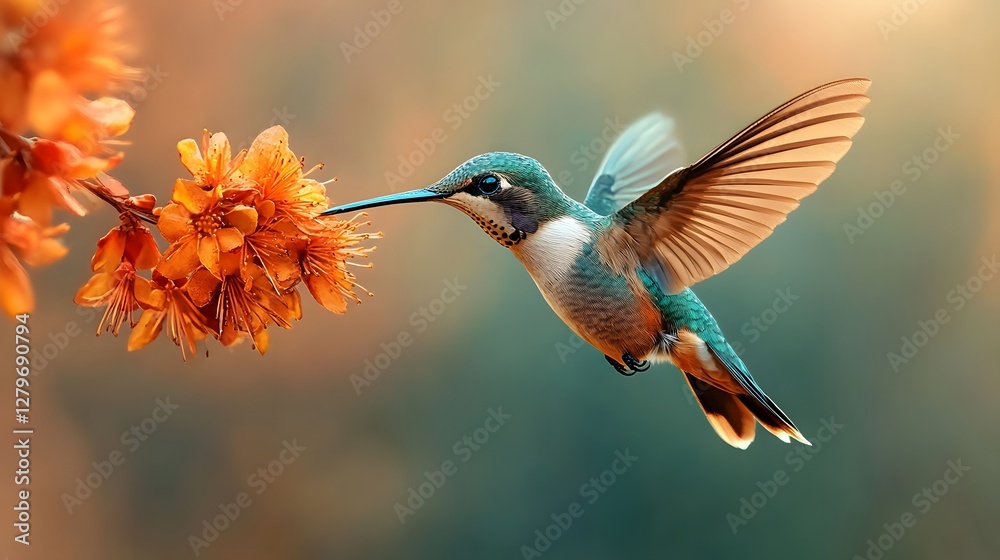 Elegant Hummingbird Approaching Orange Flower in Soft Light Elegant Hummingbird Approaching Orange Flower in Soft Light