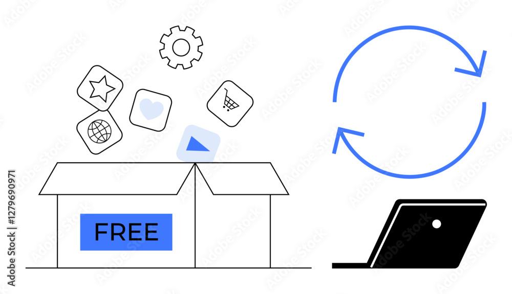 Box with free label releasing various app icons gear, star, cart, heart. Nearby, blue sync arrows above a laptop. Ideal for software, updates, digital content ecommerce data management tech Box with free label releasing various app icons gear, star, cart, heart. Nearby, blue sync arrows above a laptop. Ideal for software, updates, digital content ecommerce data management tech