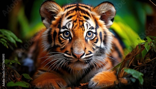 Majestic young tiger resting among lush greenery in a dense forest