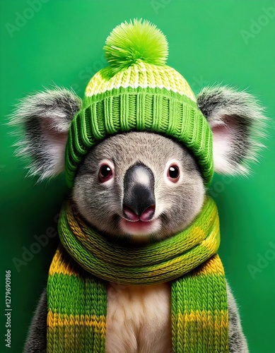 Cute koala wearing a green hat and scarf against a vibrant green background
