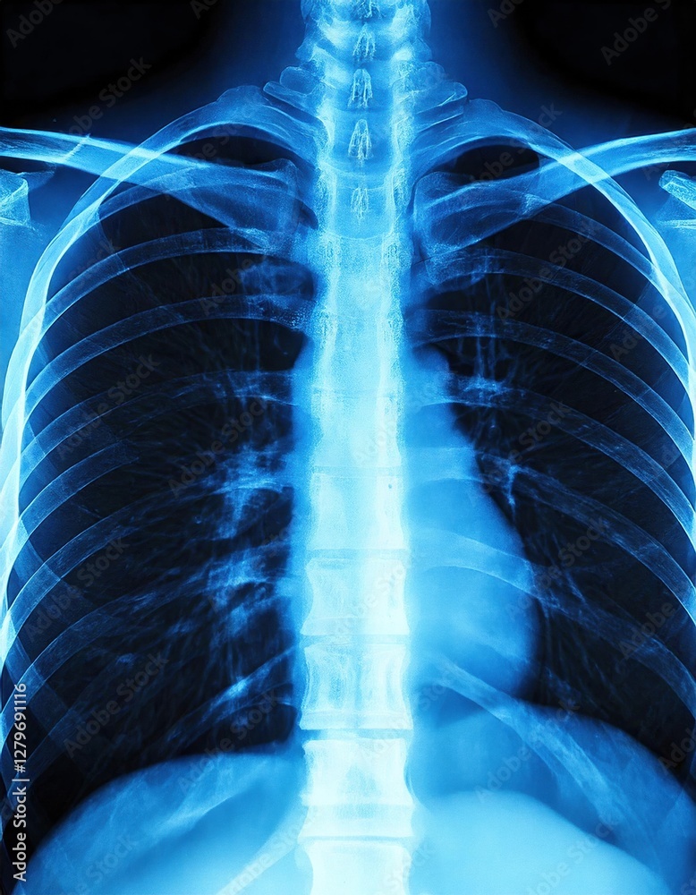X-ray of human chest showing ribcage and spine in clear blue tones X-ray of human chest showing ribcage and spine in clear blue tones