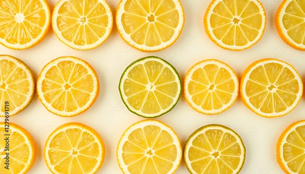 Sliced citrus fruits arranged beautifully on a white background
