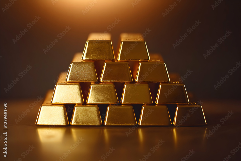 A Gleaming Pyramid of Gold Bars, Symbolizing Wealth, Security, and Investment Opportunities in a World of Financial Markets and Economic Prosperity, Gold Reserve A Gleaming Pyramid of Gold Bars, Symbolizing Wealth, Security, and Investment Opportunities in a World of Financial Markets and Economic Prosperity, Gold Reserve
