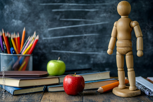 A vibrant back-to-school scene with a wooden mannequin standing amidst textbooks, pencils, and apples against a chalkboard backdrop representing learning photo