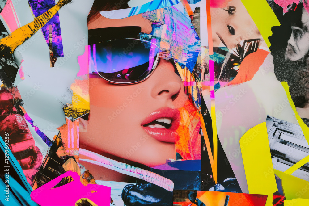 Obraz premium A vibrant 90s magazine collage background, with cut out images of fashion, music stars, and neon text layered chaotically.