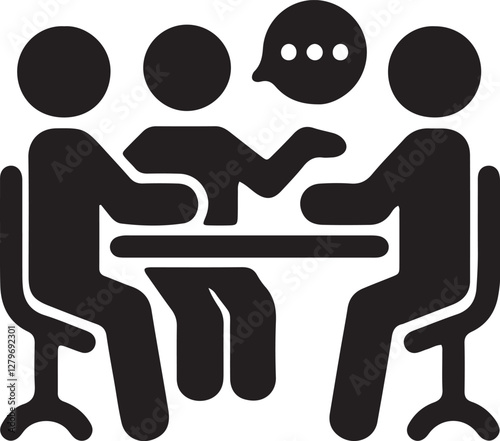 An illustration of stickman people having a meeting together in a room with a table and chairs available