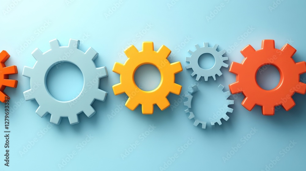 Colorful gears arranged on a light blue background, symbolizing teamwork and innovation Colorful gears arranged on a light blue background, symbolizing teamwork and innovation