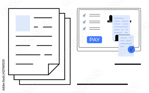 Stacked documents next to a digital payment screen displaying invoices and a blue Pay button. Ideal for invoicing, billing, digital payments, financial transactions, online shopping, record-keeping