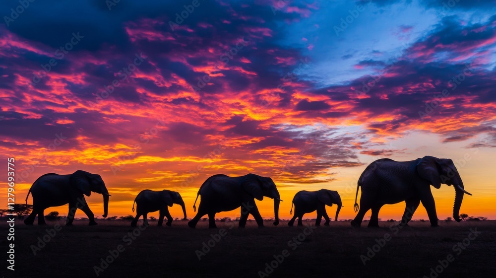 Fototapeta premium African Elephants Silhouettes at Sunset