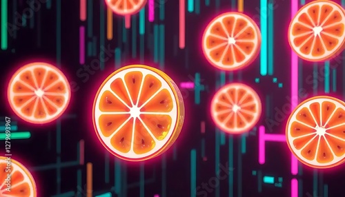 Orange fruit slices with neon highlights against dark digital backgrounds