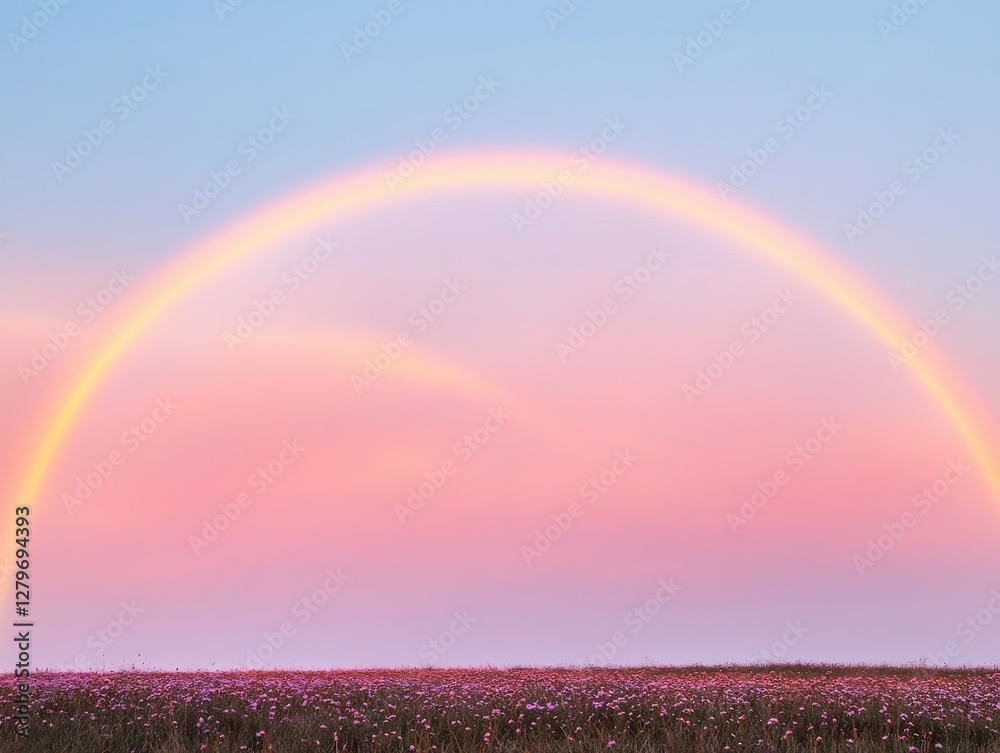 Naklejka premium A beautiful rainbow arcs across a pastel sky over a serene field, creating a peaceful and vibrant atmosphere in nature.