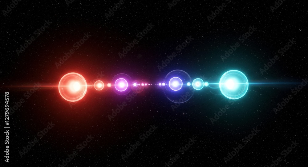 Obraz premium Cosmic Symphony: A captivating visual spectacle of luminous spheres, arranged in an elegant row, radiating an array of vibrant hues and ethereal glows against the dark expanse of the cosmos.