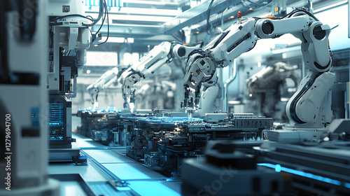 Wallpaper Mural Automated manufacturing, Robotic arms precisely assembling complex electronic components in a high-tech factory setting showcasing efficiency and innovation Torontodigital.ca