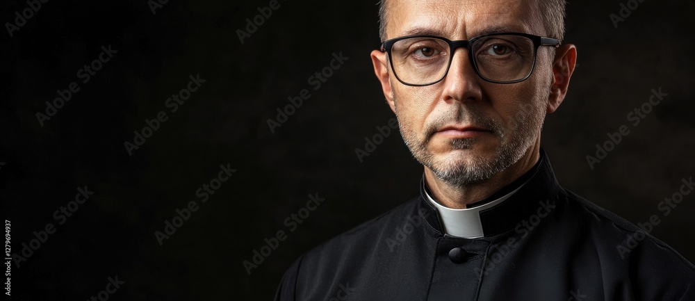 Obraz premium Serious-looking priest wearing glasses in a dark, moody setting during a contemplative moment
