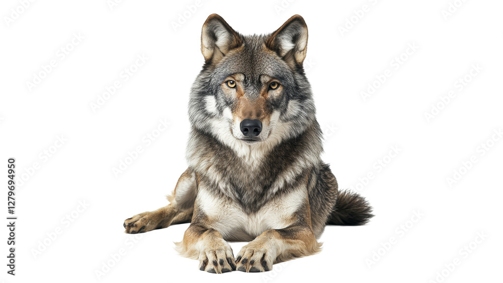 Fototapeta Wolf resting calmly on a white background