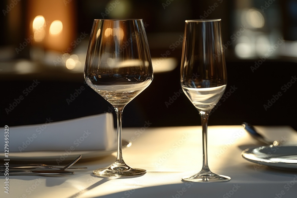 Two empty wine glasses on a table setting in a restaurant. Two empty wine glasses on a table setting in a restaurant.