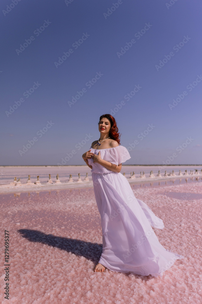 Woman White Dress Pink Salt Lake Summer Vacation Woman White Dress Pink Salt Lake Summer Vacation
