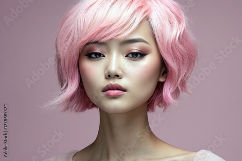 Beautiful confident photo model showcases vibrant makeup against a pastel color background in a studio setting, people and skincare, fashion theme concept.  