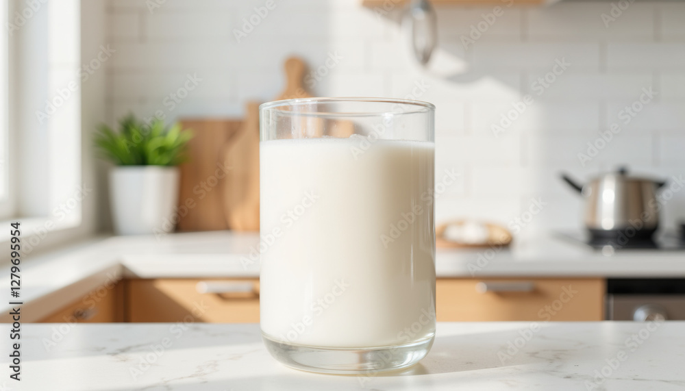 Glass of milk on kitchen countertop Glass of milk on kitchen countertop