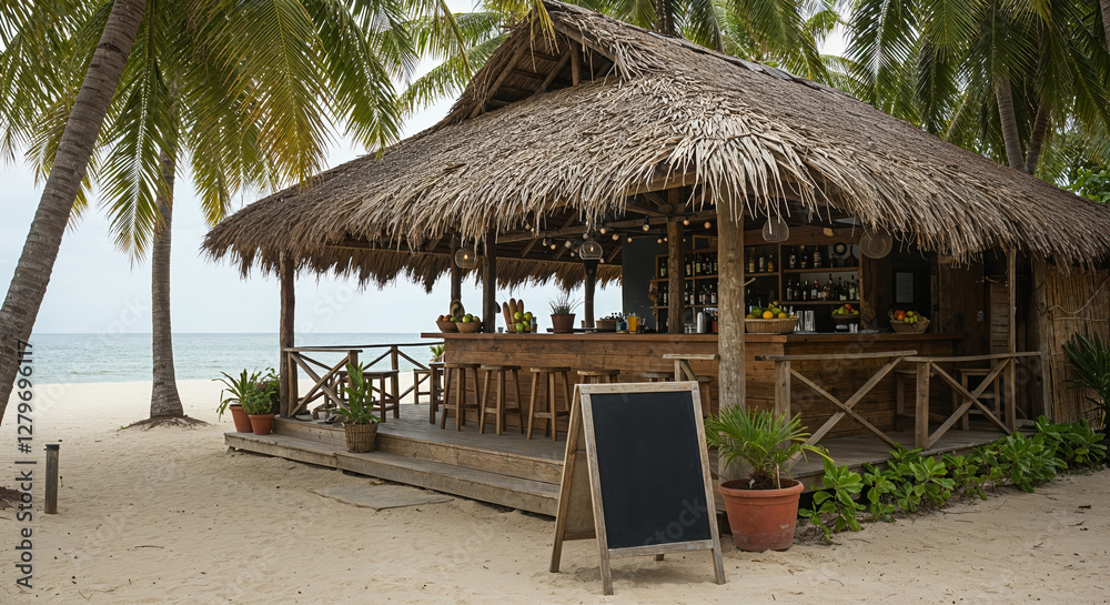 Fototapeta premium Beautiful beach bar surrounded by palm trees offers a relaxing atmosphere for vacationers seeking tropical enjoyment