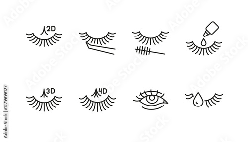Eyelash Extension Icons. Set of 8 eyelash extension trendy minimal icons. Tweezer, Eyelash, Lash Glue, Eye, Mascara icons. Design signs for web, mobile app, packaging design. Vector illustration